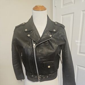 UNIK VINTAGE Black Leather Jacket Biker Motorcycle Youth Size 12